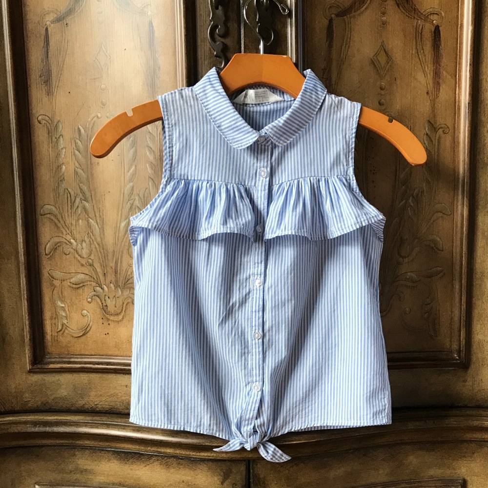 H&M Girls NWT Sleeveless Ruffle Button Top White Blue Stripes Sz 7/8